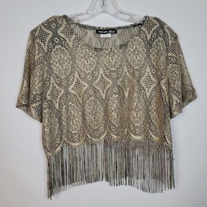 VTG Sharade of California Top Gold Lace Fringe Crop Womens 12 Fairy Boho Glam